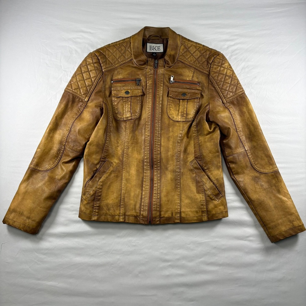 BKE Faux Leather Moto‎ Jacket Womens Large Brown Quilted Distressed Biker Coat